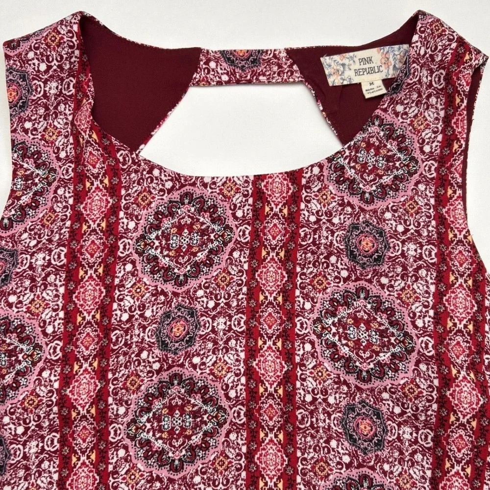 Pink Republic Womens Mini Dress Burgundy Red Size M Boho Festival Summer Peasant